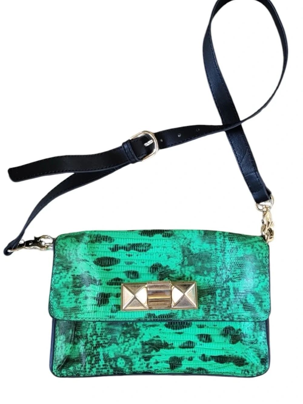 Ann Taylor Green Black Reptile Lizard skin Clutch Purse Gold magnetic clasp